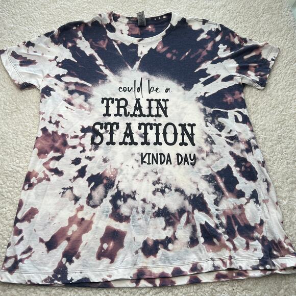 Train Station Kind of Day Black/Gray Bleached Tee Large - Picture 2 of 6